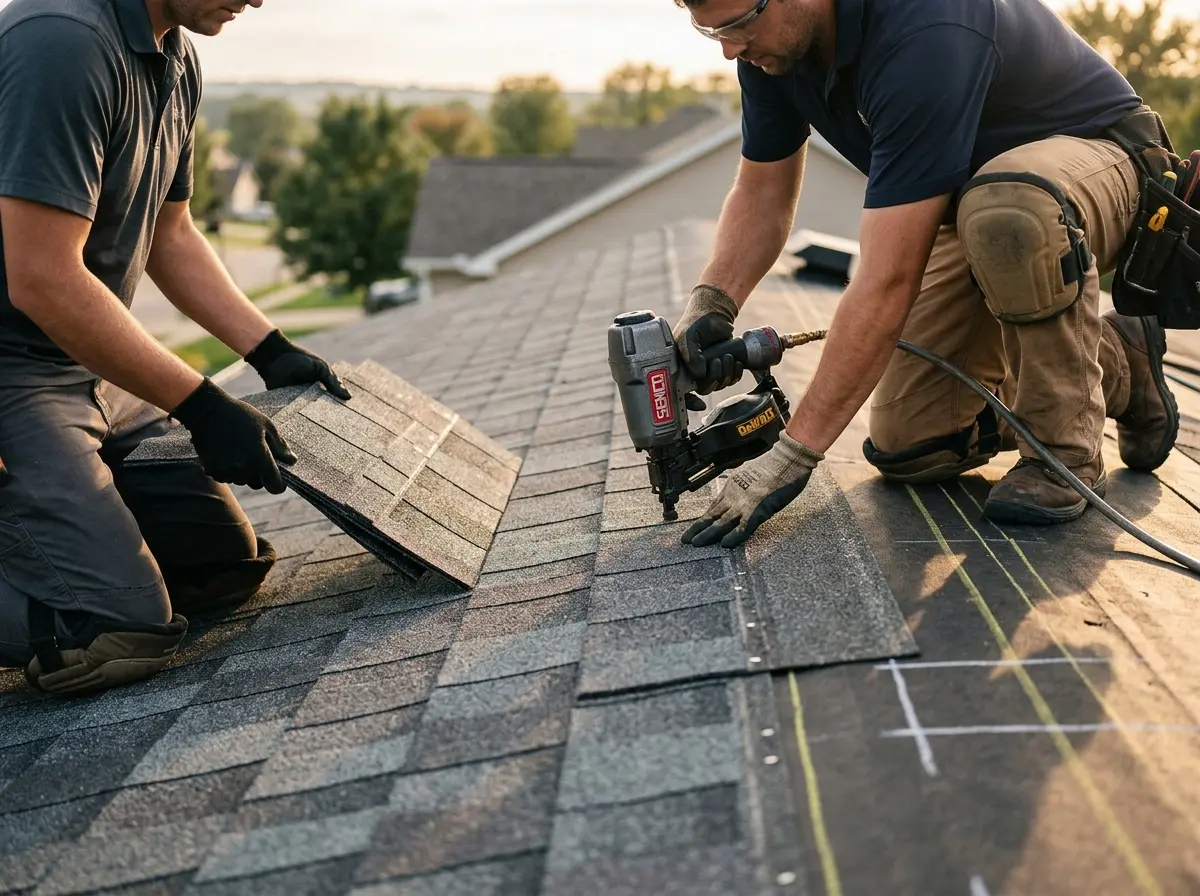 Professional roofer working on a residential roof in Carlinville